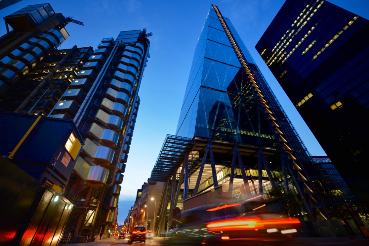 City of London low angle view at night