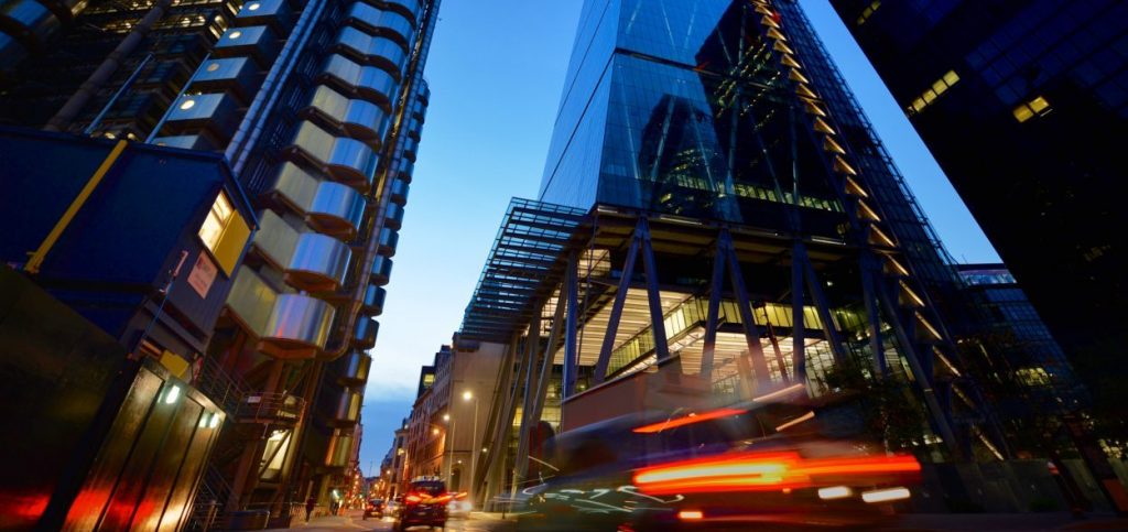 City of London low angle view at night x 590